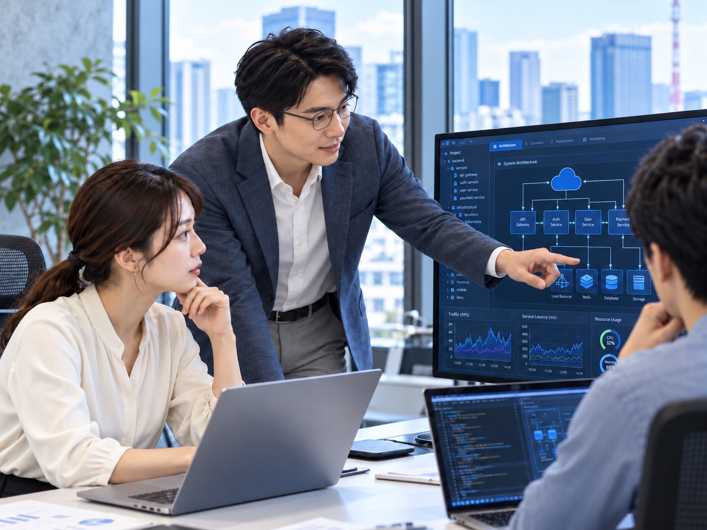 チームでシステム設計を検討するイメージ（AI生成）